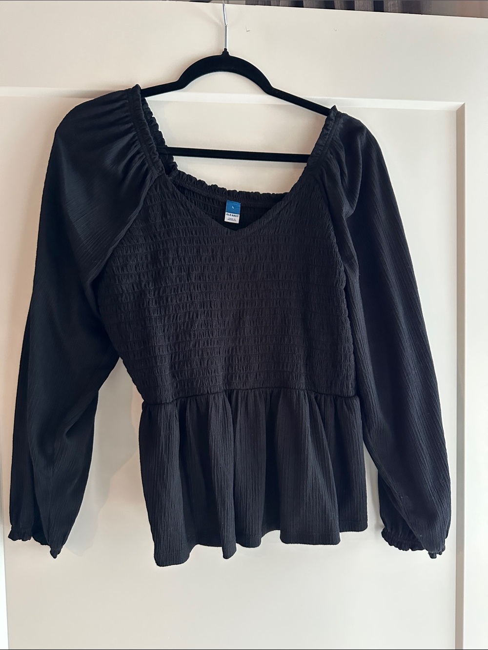 Old Navy Black Smocked Peplum Long-Sleeve Blouse